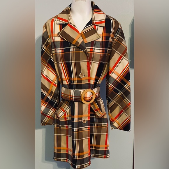 Rare Vtg Montgomery Ward Plaid Trench Coat Med Mod / gogo Vibe Mint! Must Have! - Picture 1 of 7